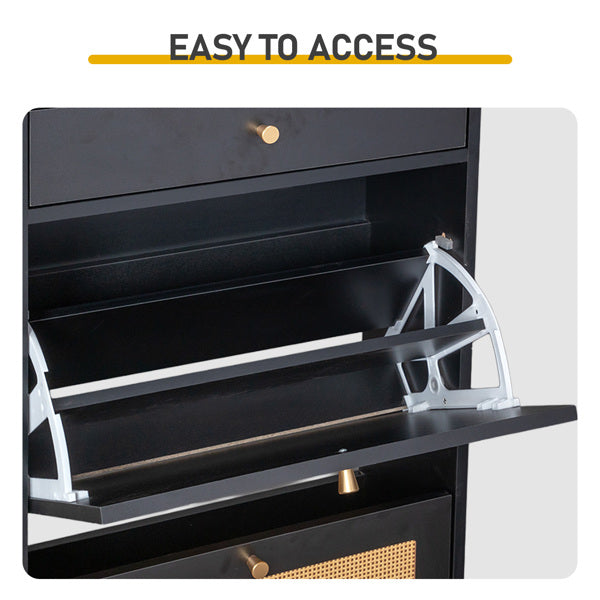 Shoe Cabinet with Drawer and Flip-Top Compartments - Black