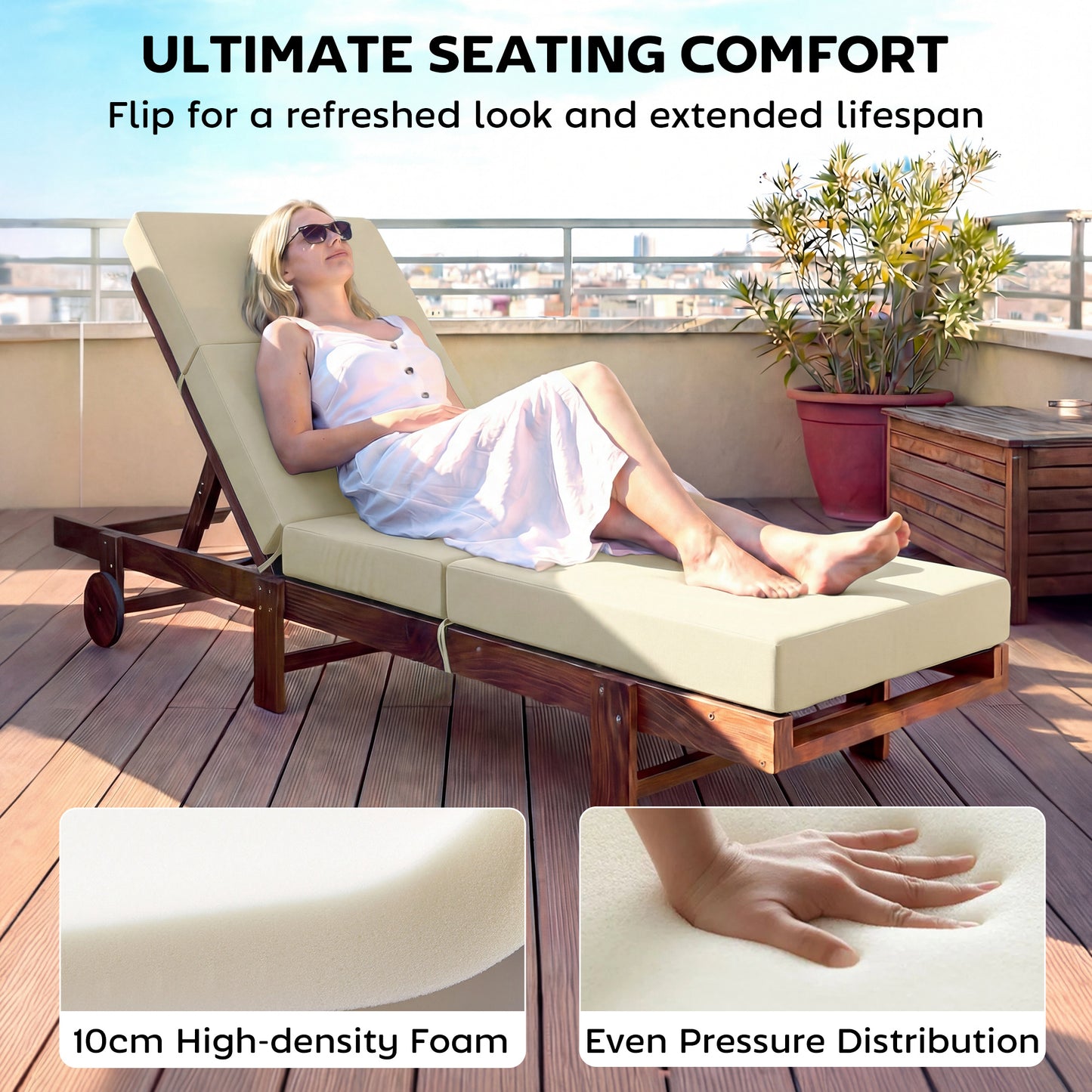 Outdoor Lounge Chair Cushion - 4" Thick, Cream White, 26" x 80"