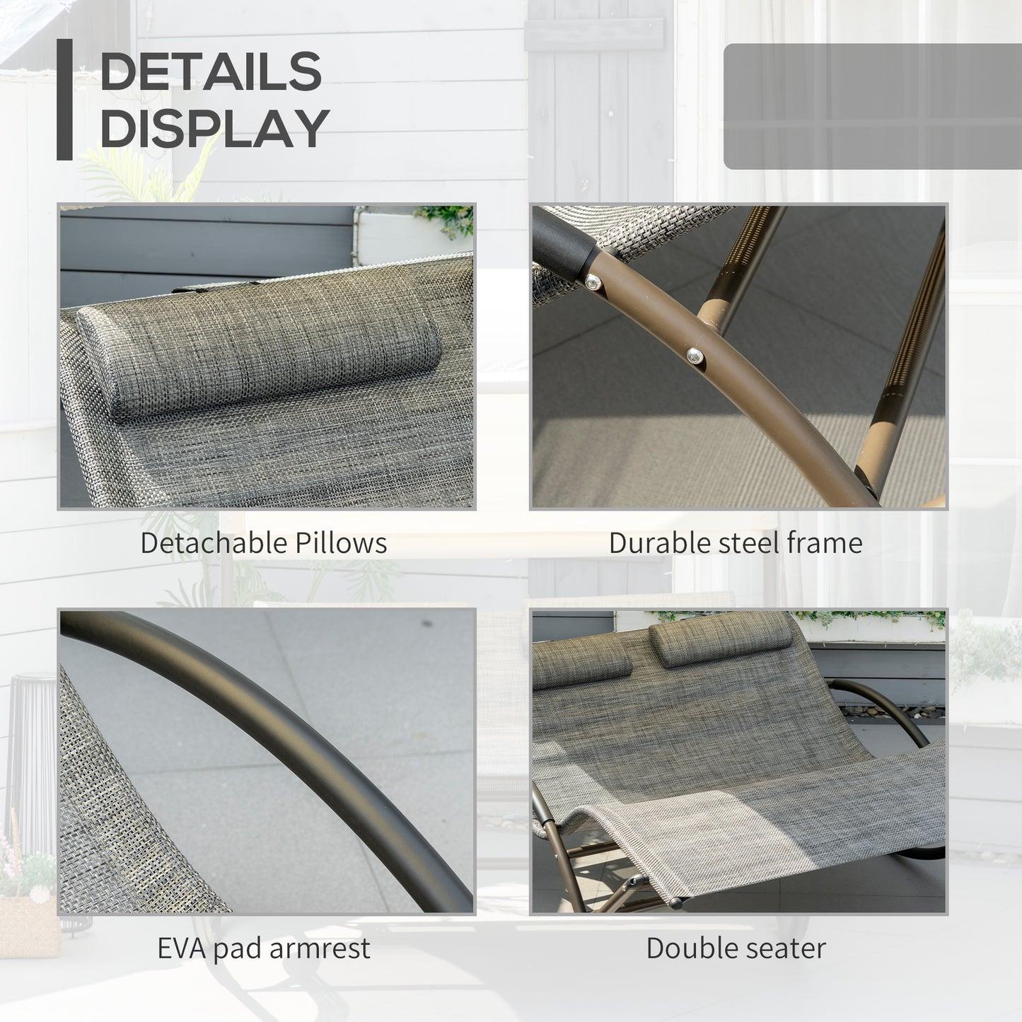 Outdoor Double Chaise Rocking Chair with Canopy and Pillow - Light Gray
