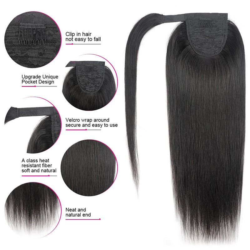 Natural Black Human Hair Ponytail Wig - Straight Style, 8-30 Inch