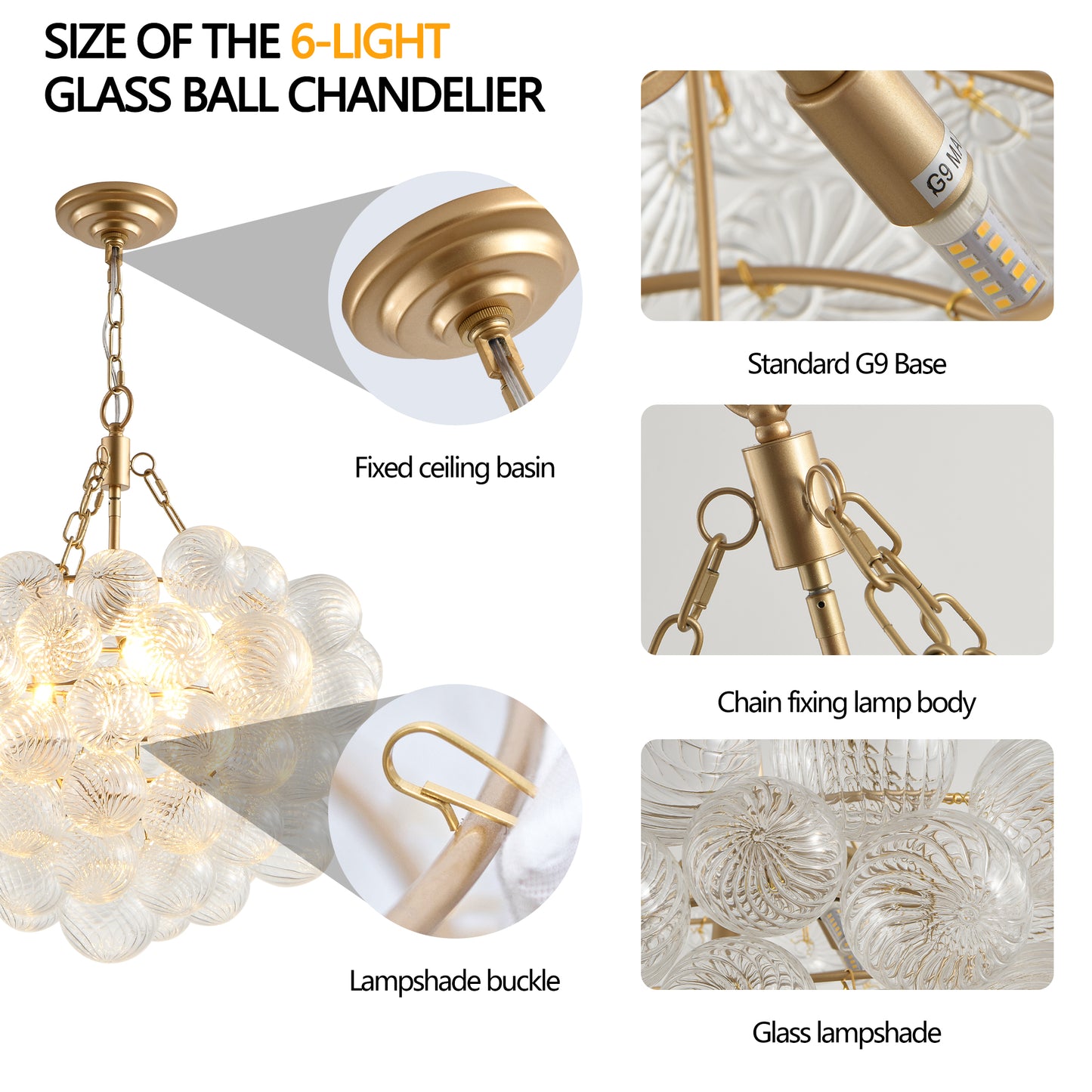 Gold Pendant Light Fixture with Clear Glass Globe - Adjustable Height, Modern Ceiling Lighting for Living & Dining Rooms