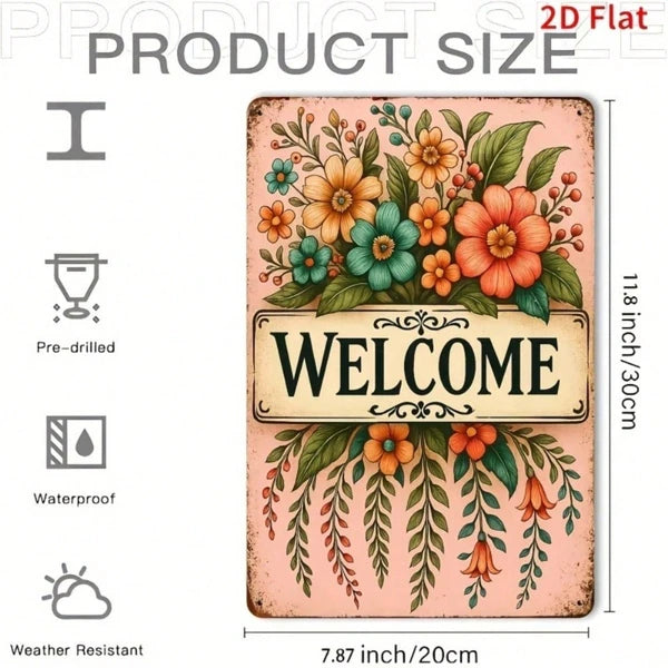 Rustic Floral Welcome Sign - 8x12 Inch Metal Wall Art