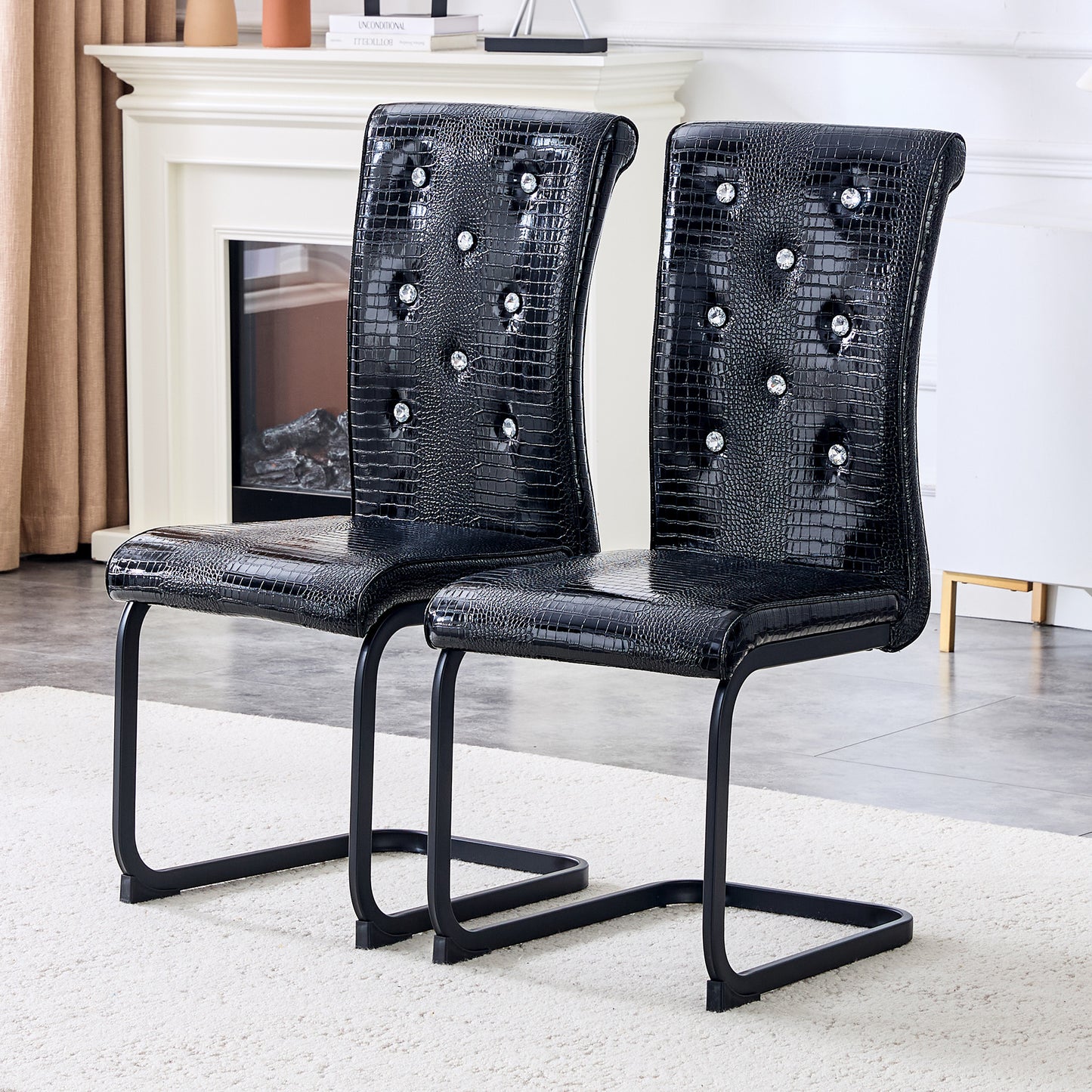 Set Of 2,Retro Alligator Skin Upholstered Dining Chairs,with Crystal