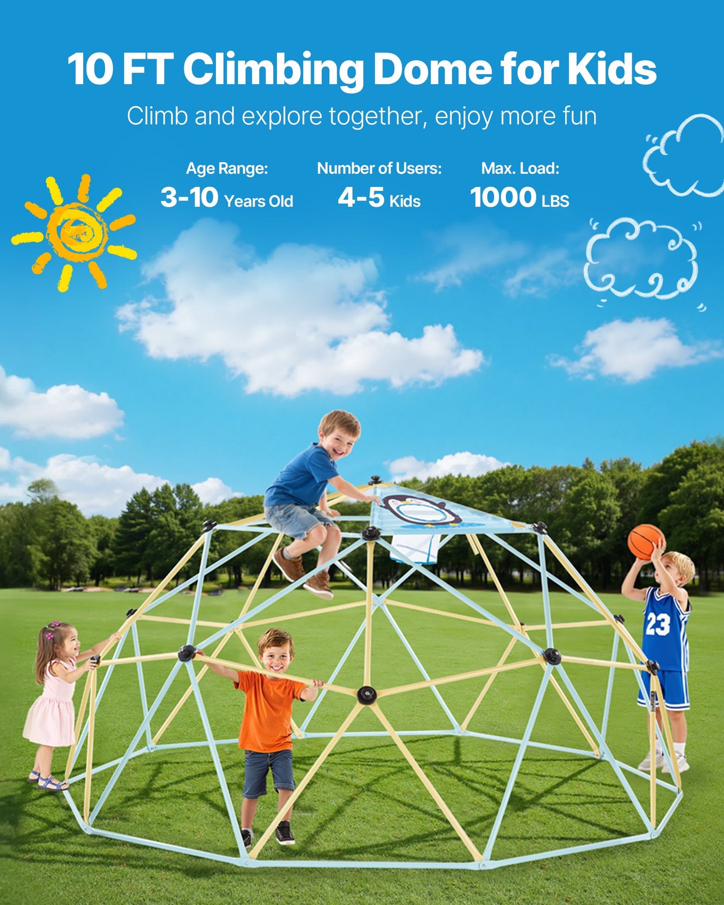 10FT Geometric Climbing Dome for Kids - Outdoor Jungle Gym Playground with Basketballs & Octopus Net