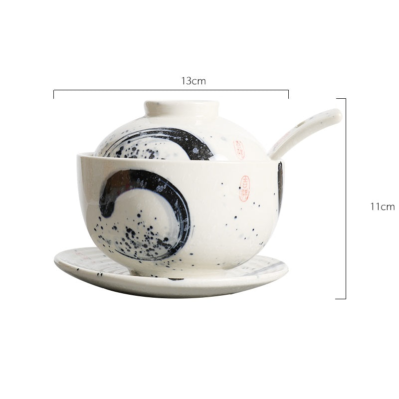 Ceramic Soup Pot with Cover and Spoon Set - Kitchen Dinnerware