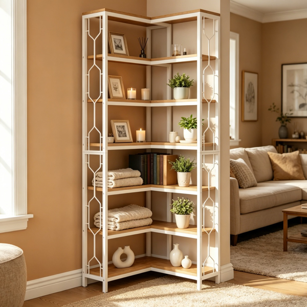 7-Tier Corner Shelf - Space-Saving Hexagonal Bookcase