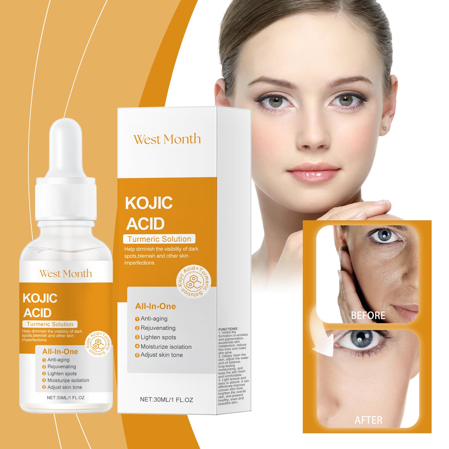 Turmeric Kojic Acid Brightening Serum - Anti-Aging Facial Essence 30ml