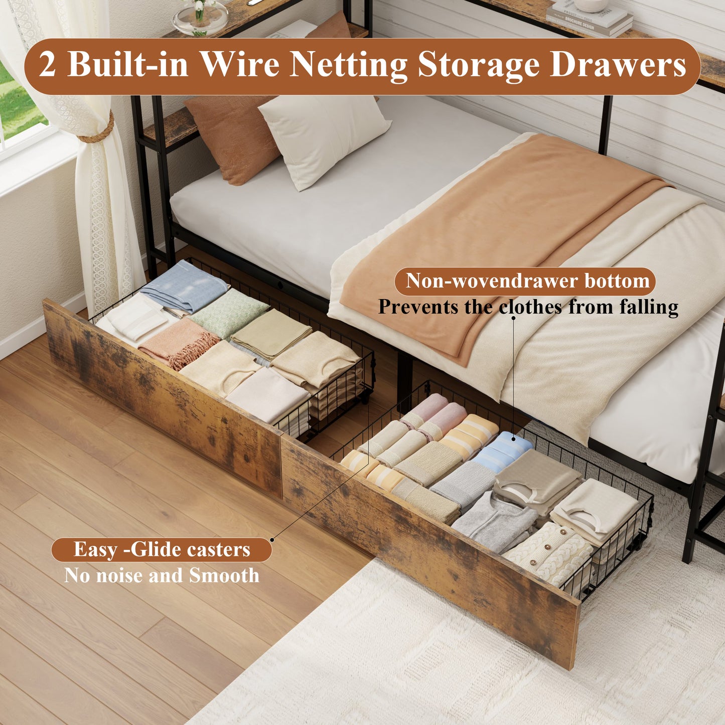 Twin Corner Daybed with Storage Drawers - Black Metal Frame