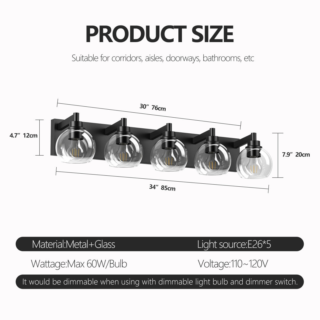 Modern 5-Light Bathroom Vanity Light Fixture with Clear Globe Shades