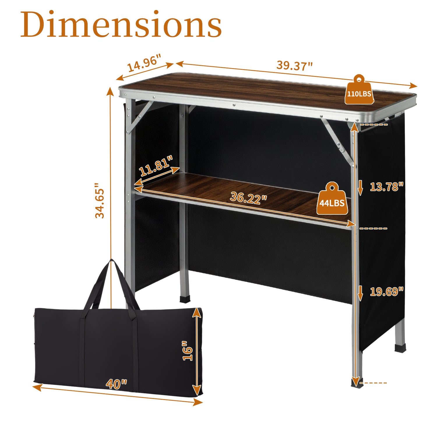 Portable Folding Bar Table with Storage Shelf & Carry Bag - Brown