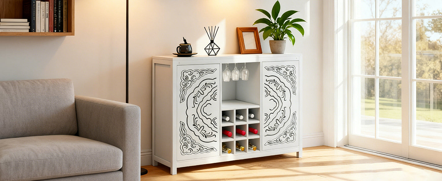 Wine Bar Cabinet With 2 Doors Buffet Storage Liquor Rack And Glass