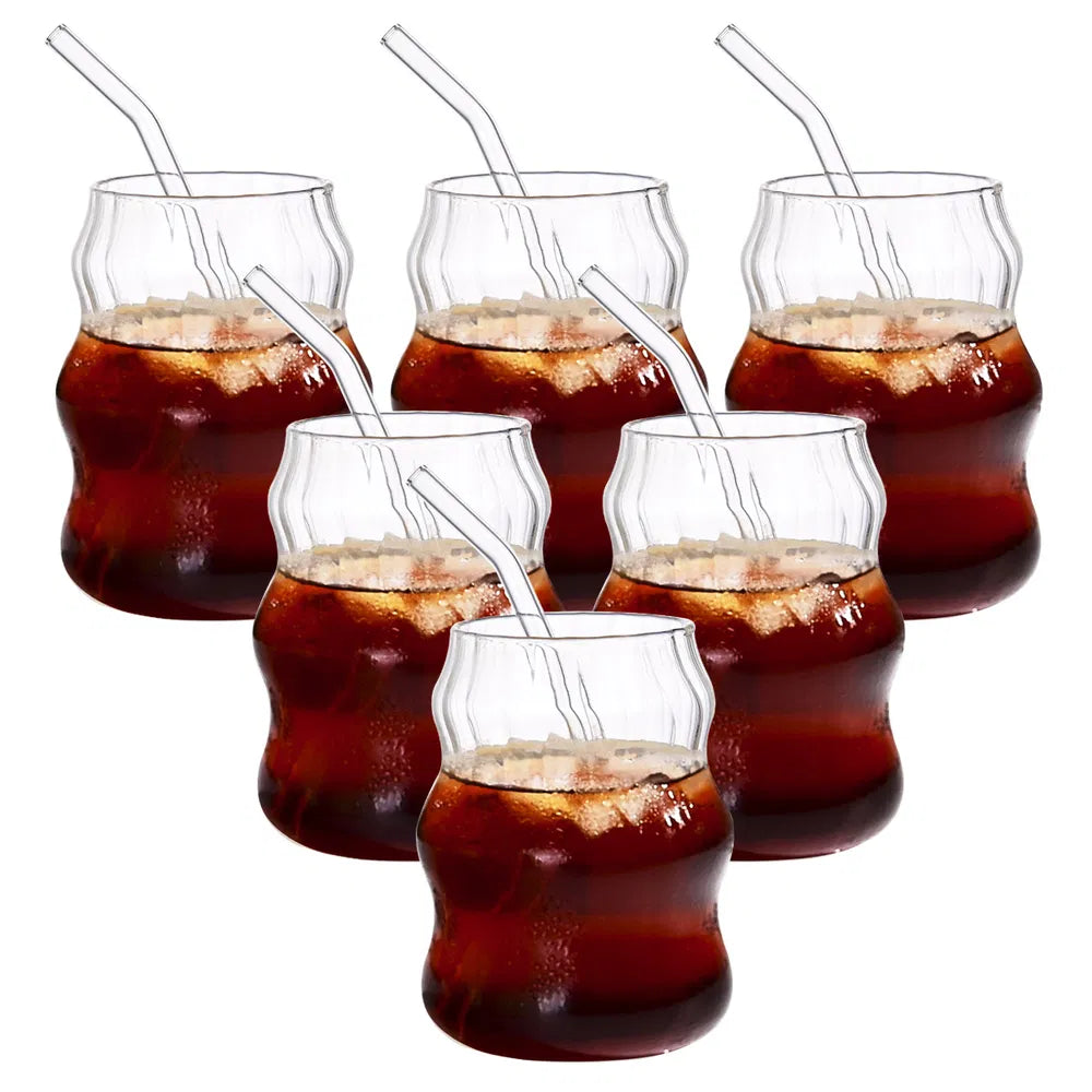 19 Ounce Glass Straw Cup Set - 6 Pcs Coffee & Juice Cups