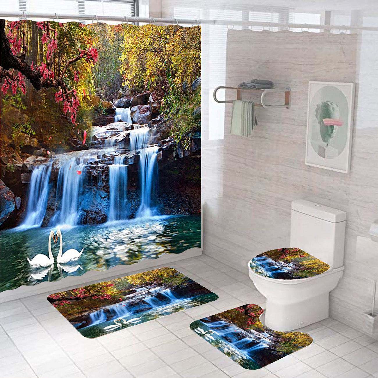 Bathroom Shower Curtain and Floor Mat Set Ocean World Printing - 4 Piece