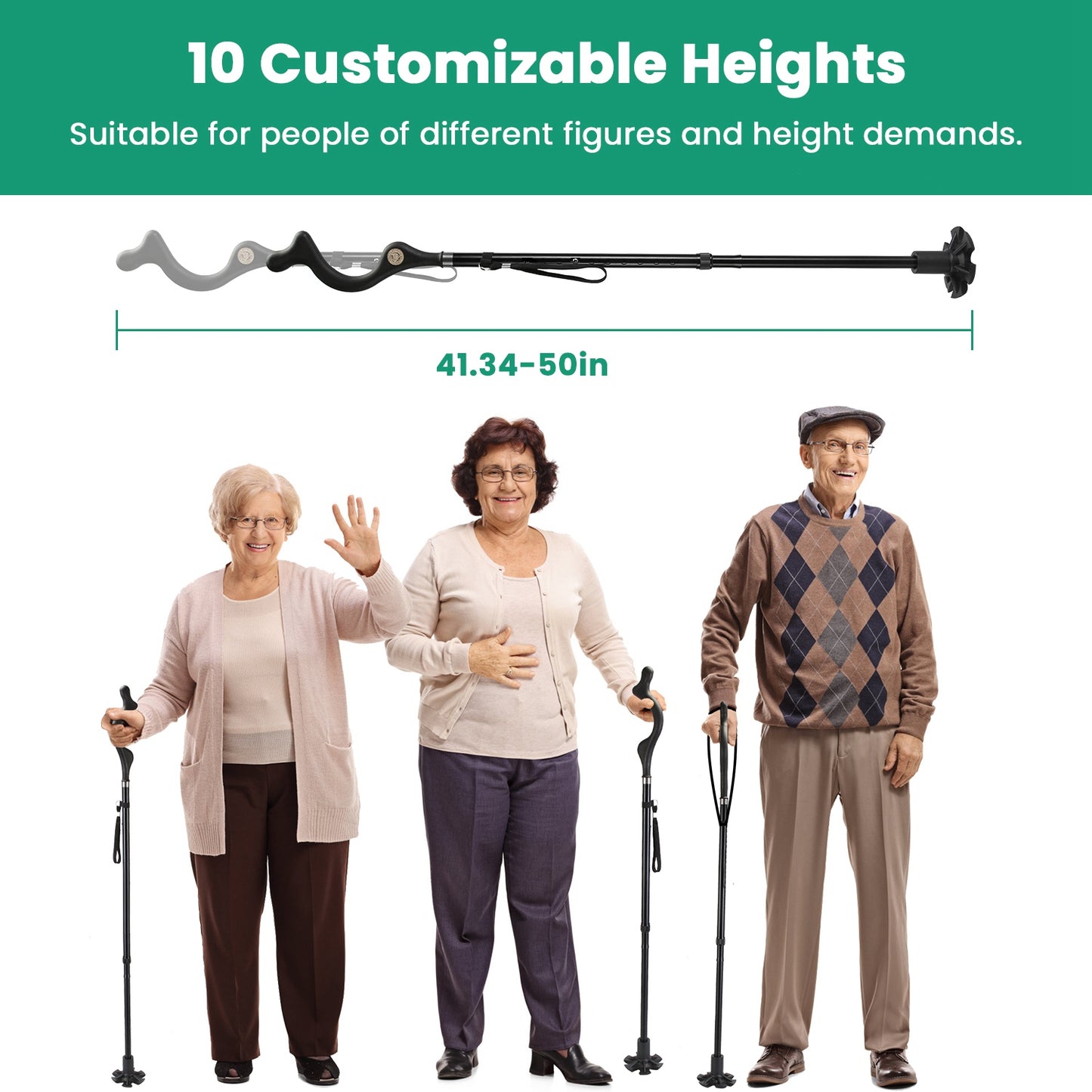 Collapsible Heavy Duty Walking Cane with 10 Adjustable Heights - Black