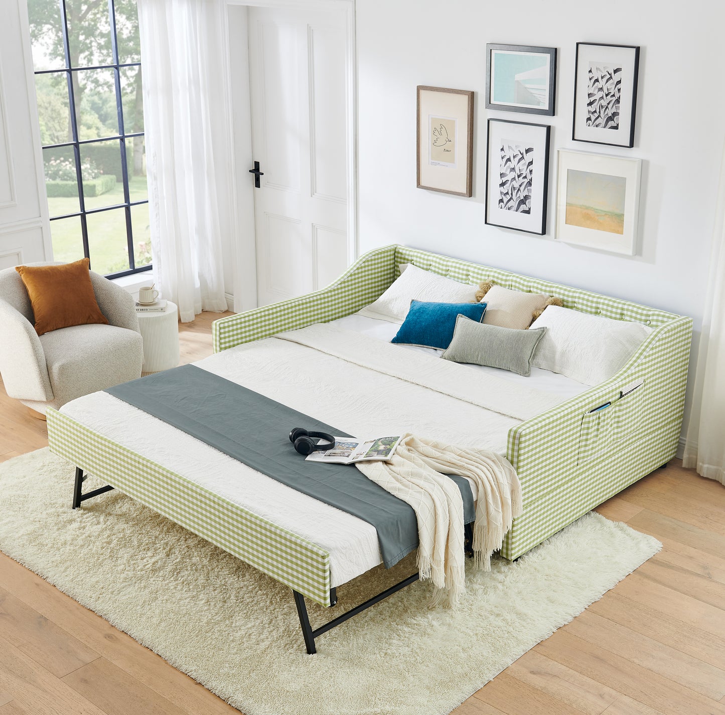 Full-Size Upholstered Daybed with Trundle & Storage - Green