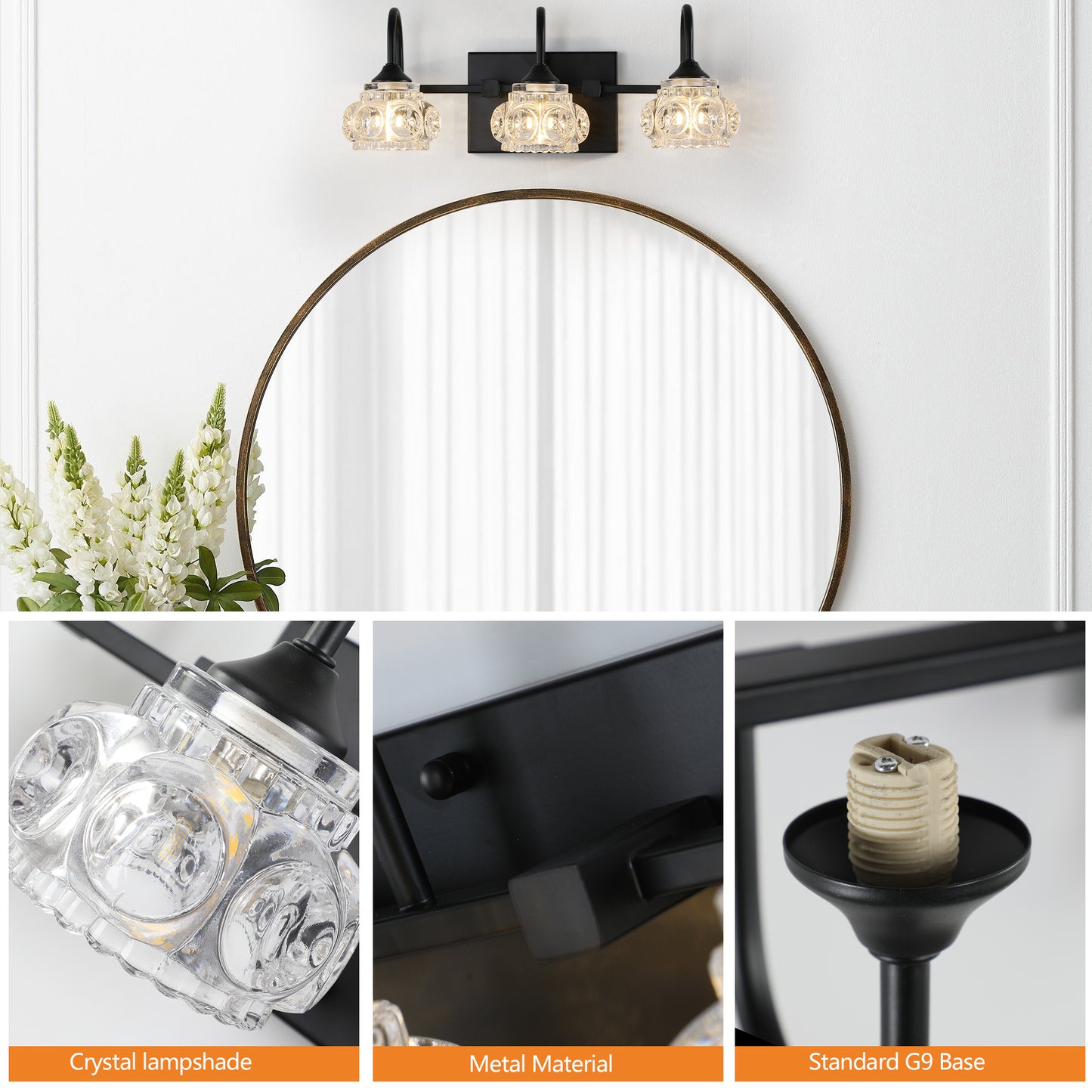 3-Light Bathroom Vanity Light Fixture - Black with Crystal Shades