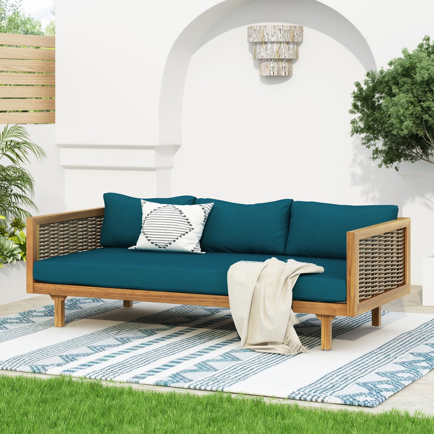 CLAREMONT 3 SEATER DAYBED WITH RATTAN ARMS TEAK CUSHION