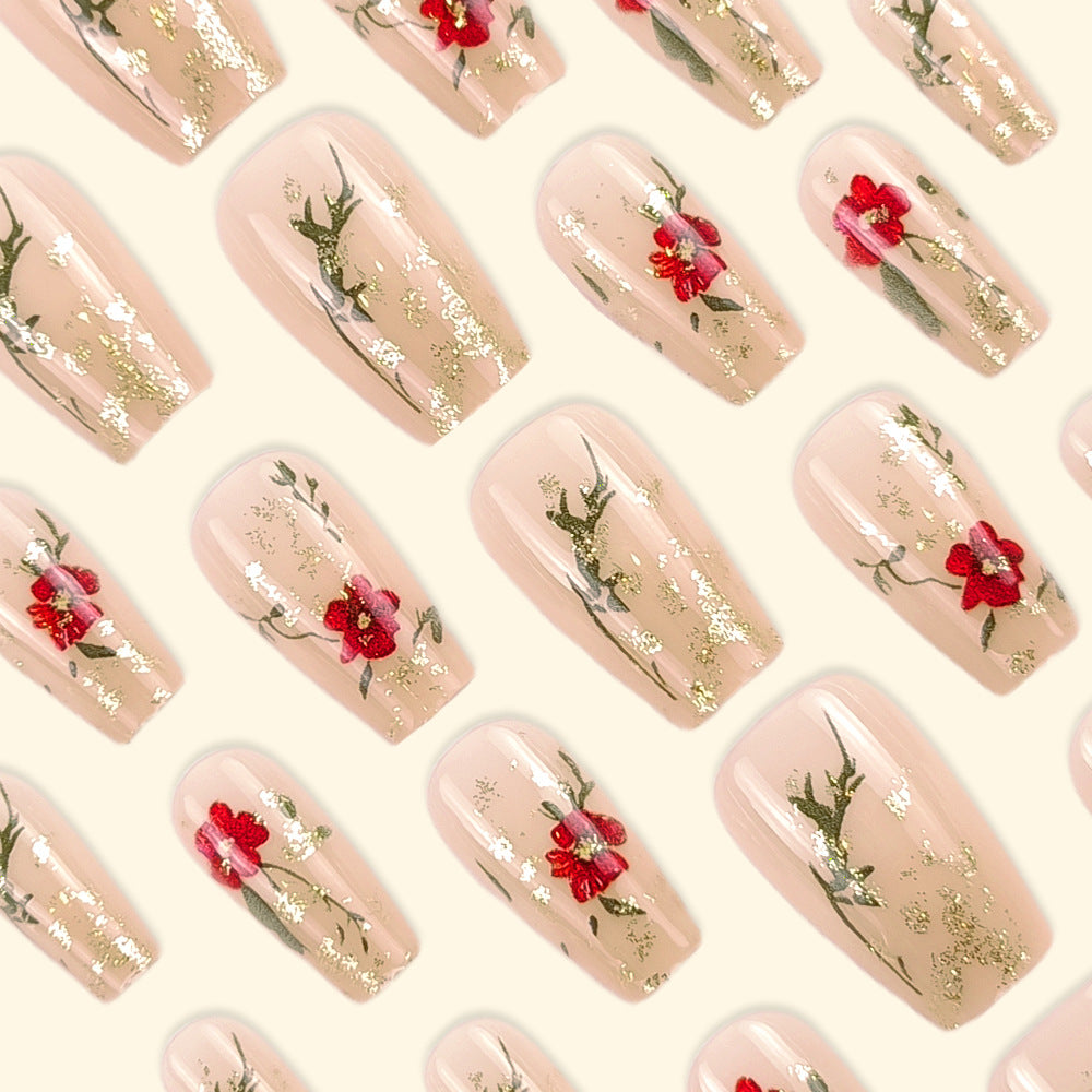 Gold Glitter Nail Tips with Red Rose Design - Short Nail Art Set