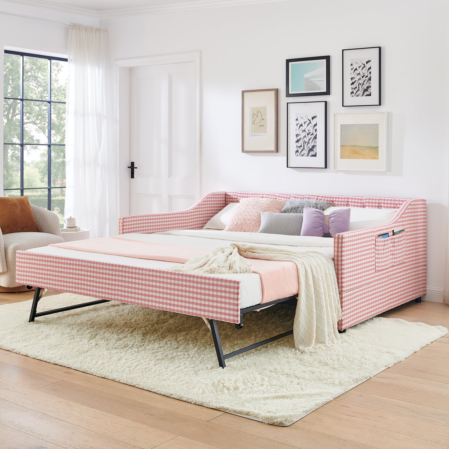 Full-Size Upholstered Convertible Daybed with Trundle & Storage - Pink