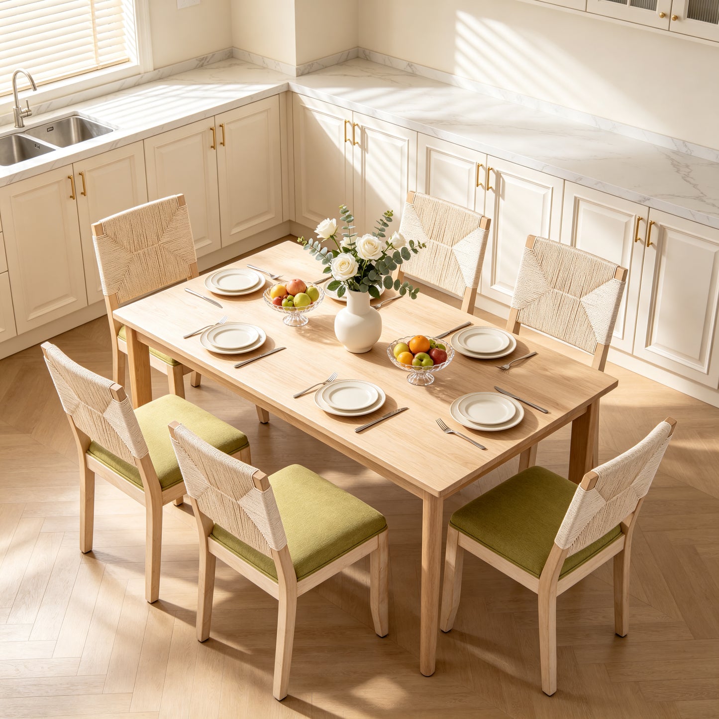 Olive Green Dining Chairs Set of 2 - Woven Back & Linen Seat