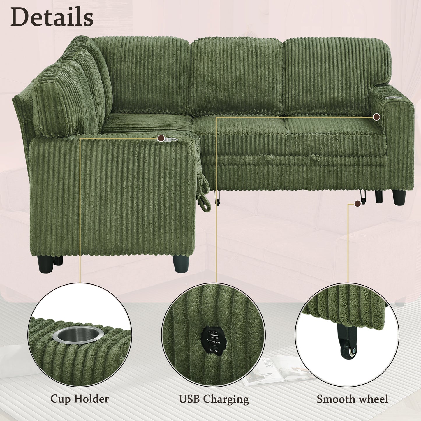 L-Shaped Sectional Sofa Bed with USB Charging & Storage - Olive Green