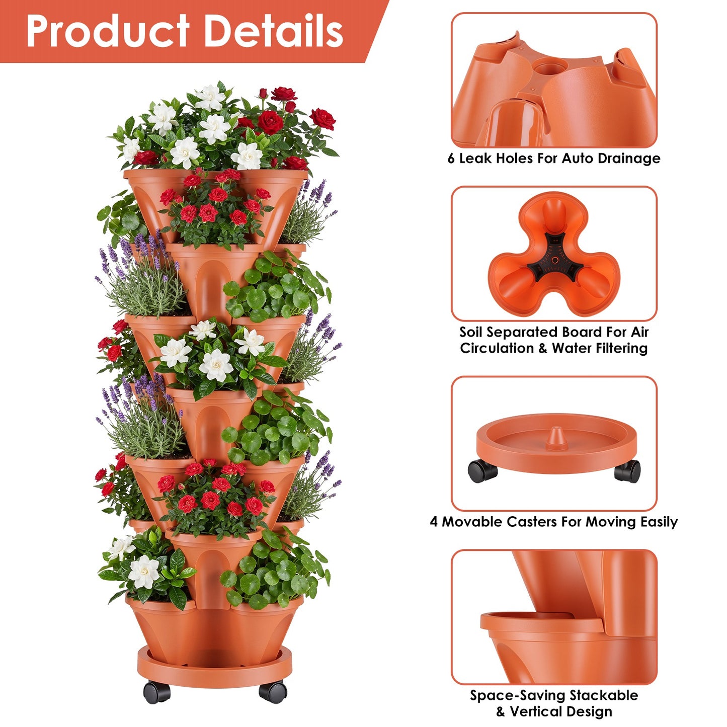 7-Tier Vertical Stackable Garden Planter with Wheels and Drainage System