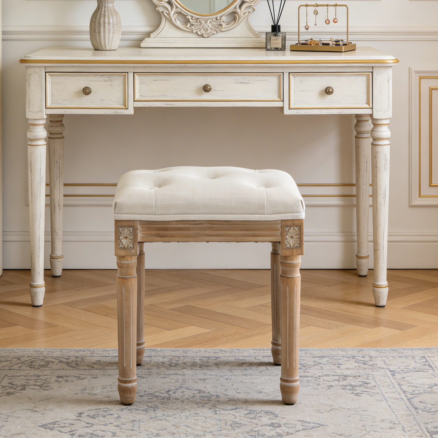 Tufted Vanity Stool with Linen Upholstery and Solid Wood Legs - Beige
