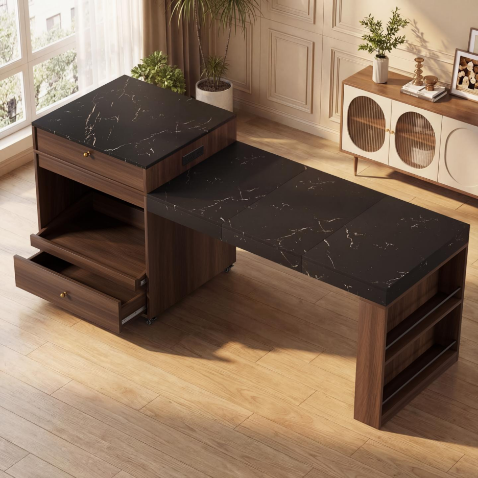 78.8-Inch Rolling Kitchen Island with Extendable Dining Table, Walnut
