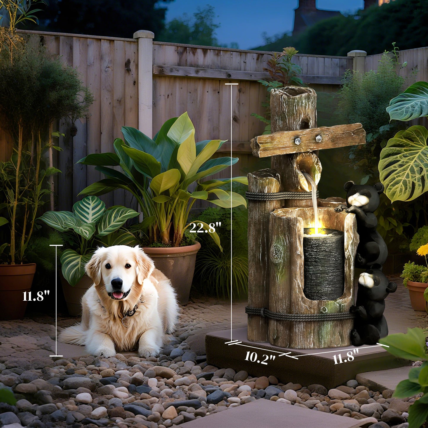 Outdoor Water Fountain with LED Lights and 3 Tiers - Rustic Resin Bears, 22.8 Inches