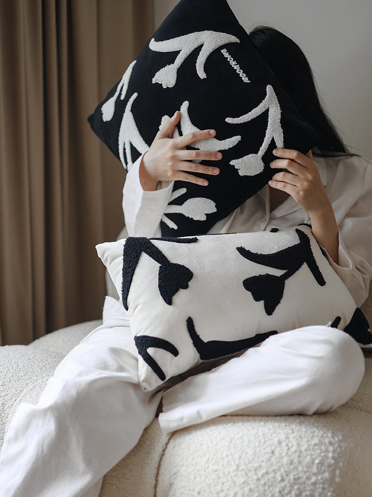 Versatile Hand-Painted Embroidered Sofa Pillowcase Set - Black & White, 30x50cm or 45x45cm