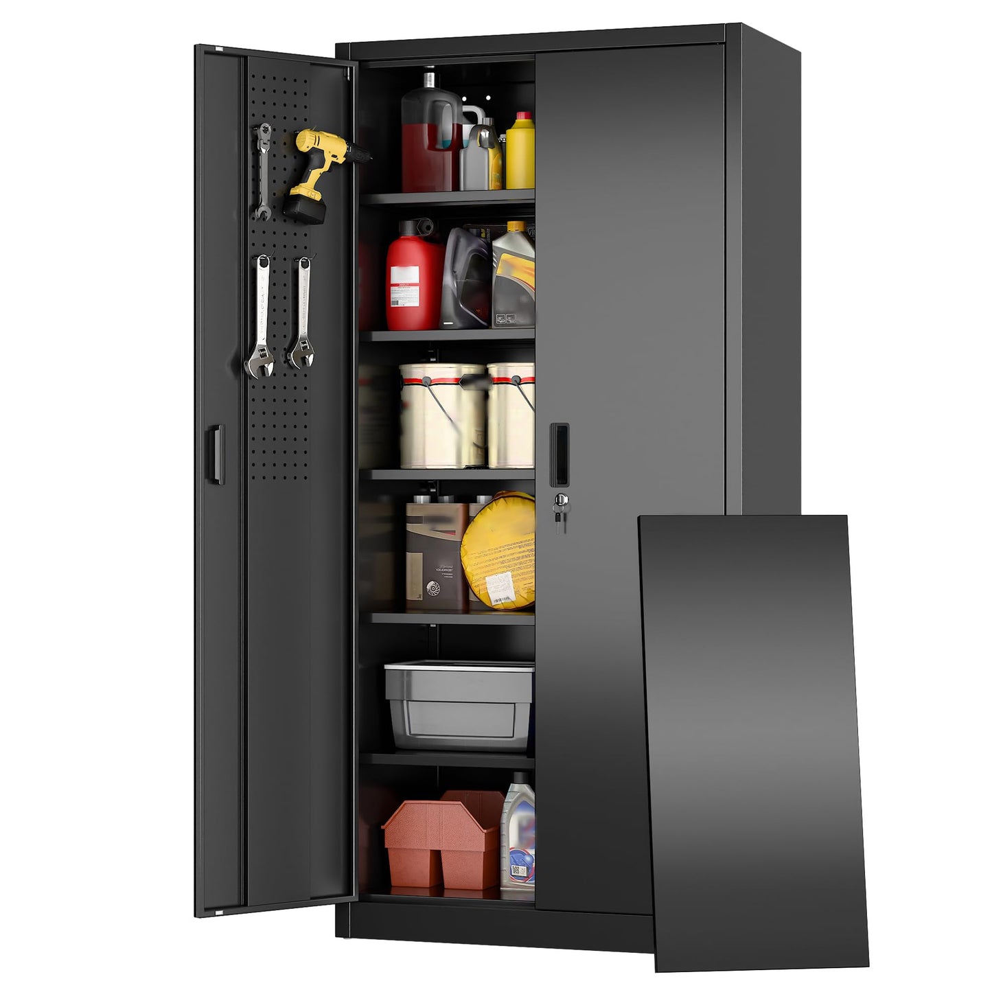 Locking Garage Storage Cabinet with 5 Adjustable Shelves - Black