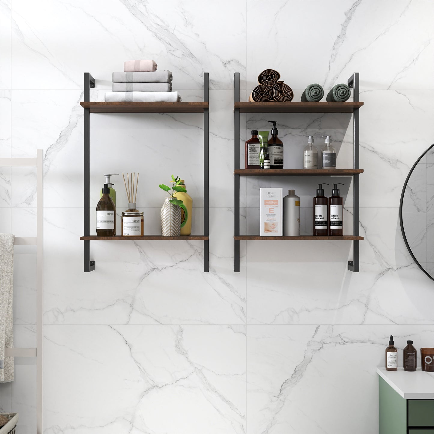 3-Tier & 2-Tier Metal and Wood Bathroom Shelf - Walnut