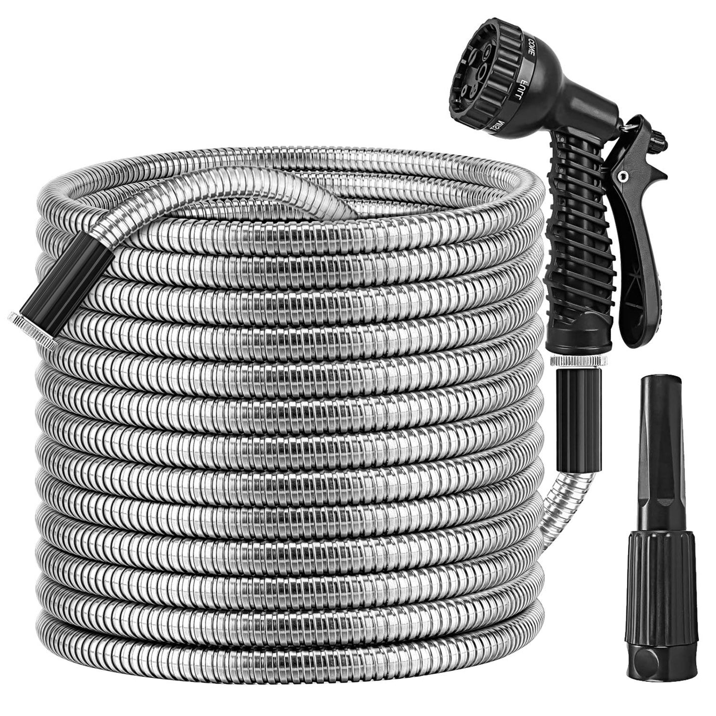 Heavy Duty Stainless Steel Garden Hose with 7-Pattern Nozzle - Flexible & Puncture Resistant