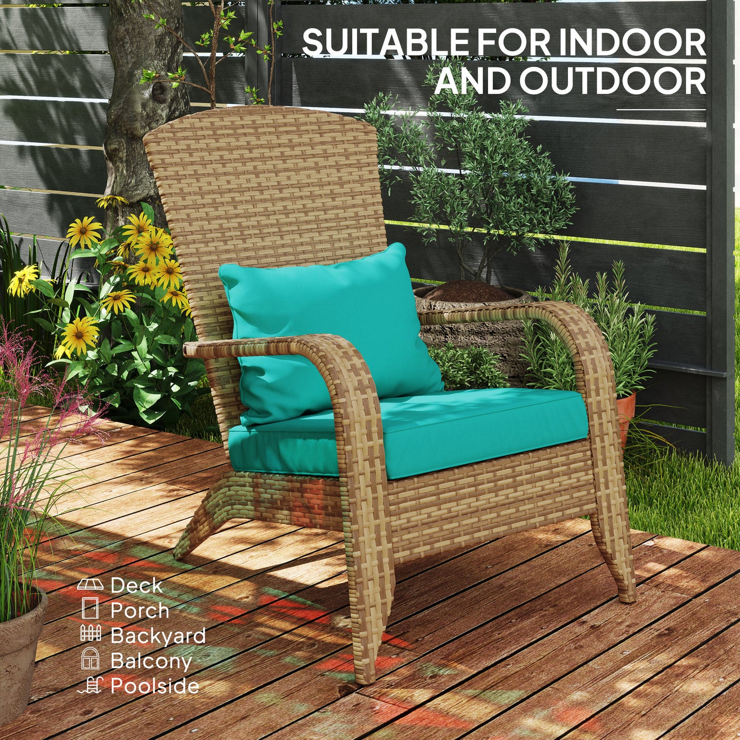 Adirondack Patio Chair with Rattan Wicker & Soft Cushions - Sky Blue