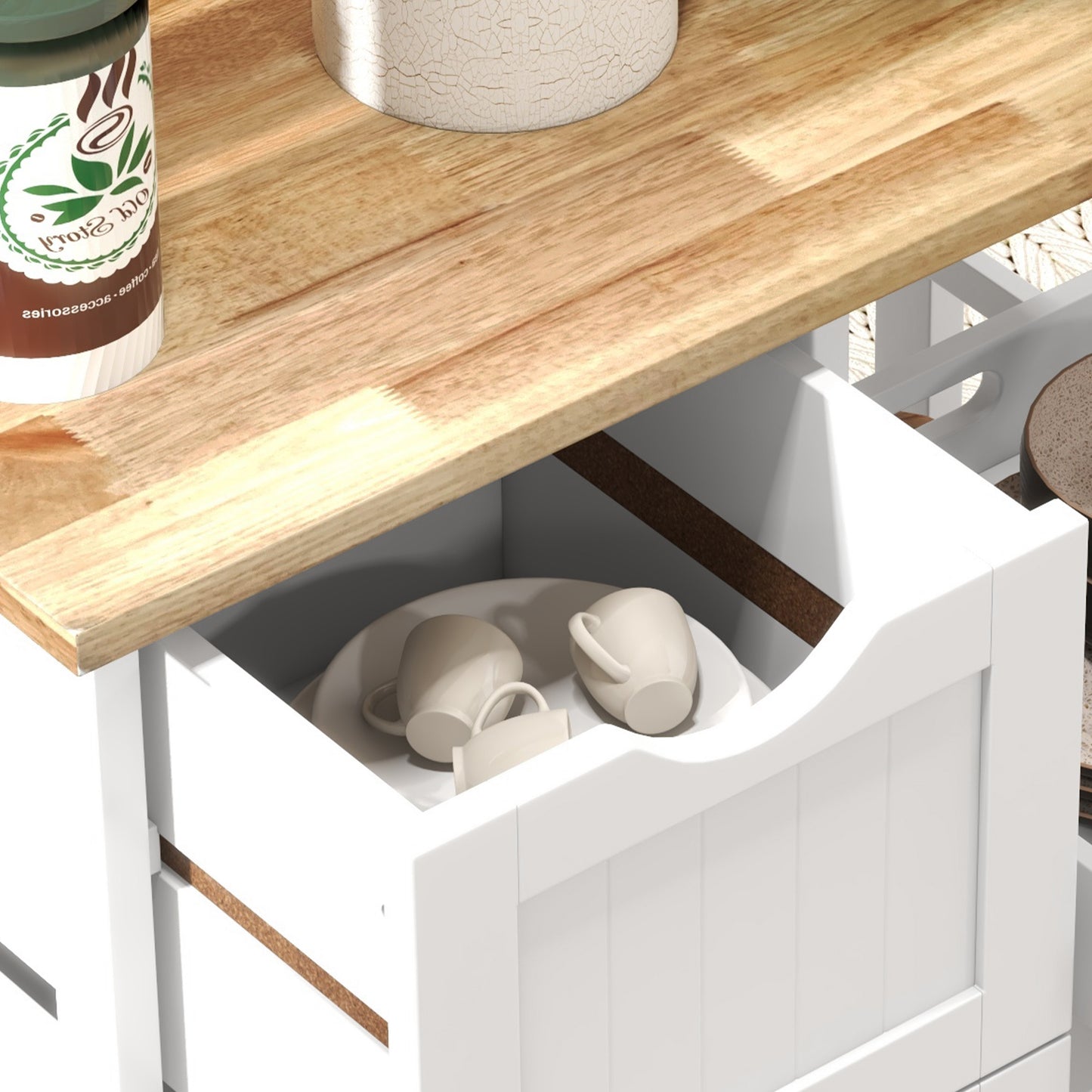 Rolling Kitchen Cart with Wood Top, Shelves & Drawers - White
