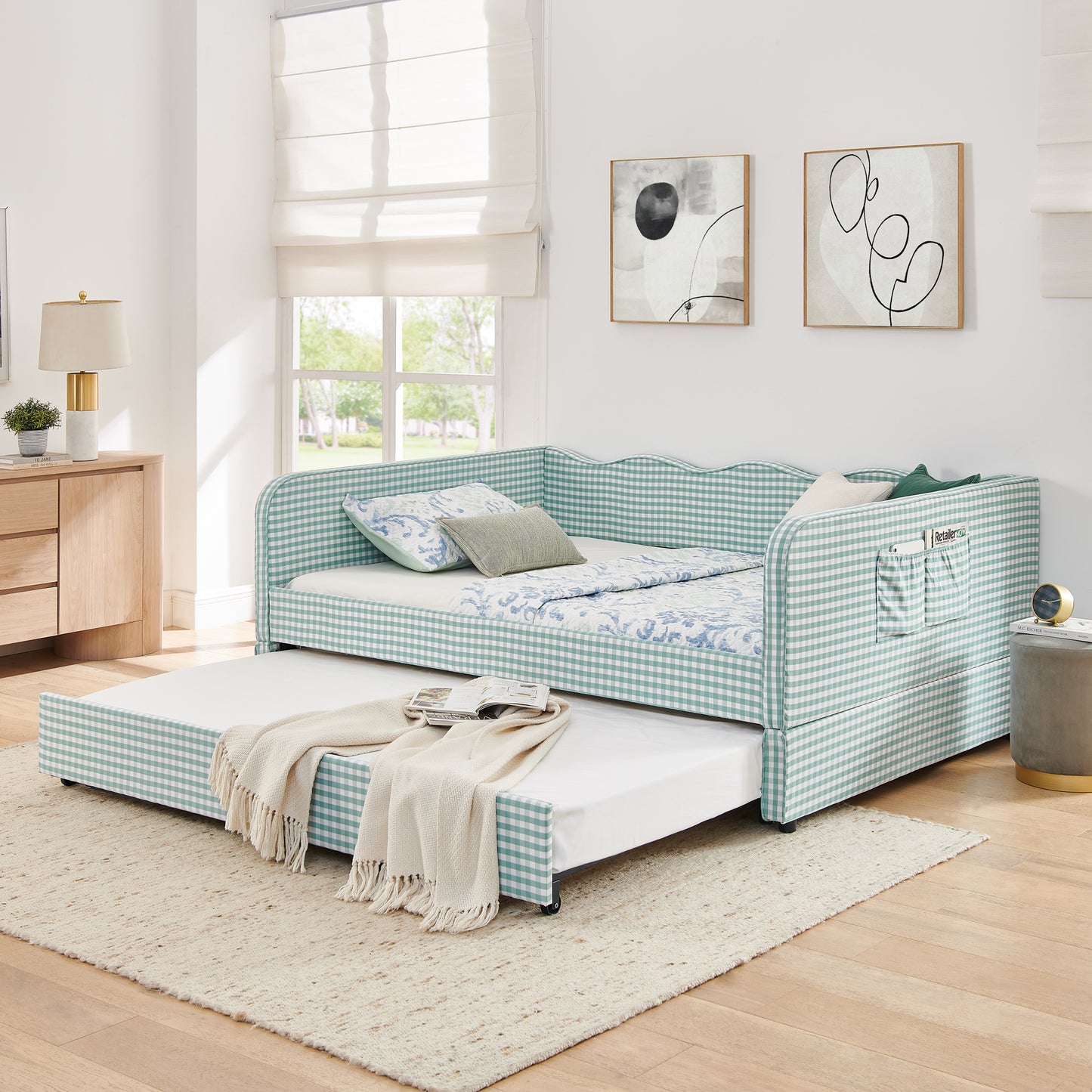 Full-Size Gingham Upholstered Daybed with Pull-Out Trundle & Storage - Cyan