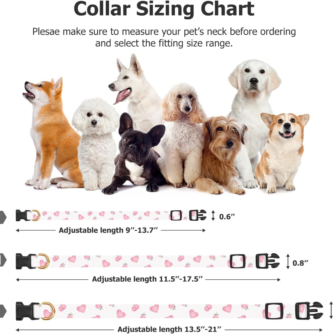 Dog Collar White and Pink Heart Pendant - Adjustable, Cute Pet Necklace