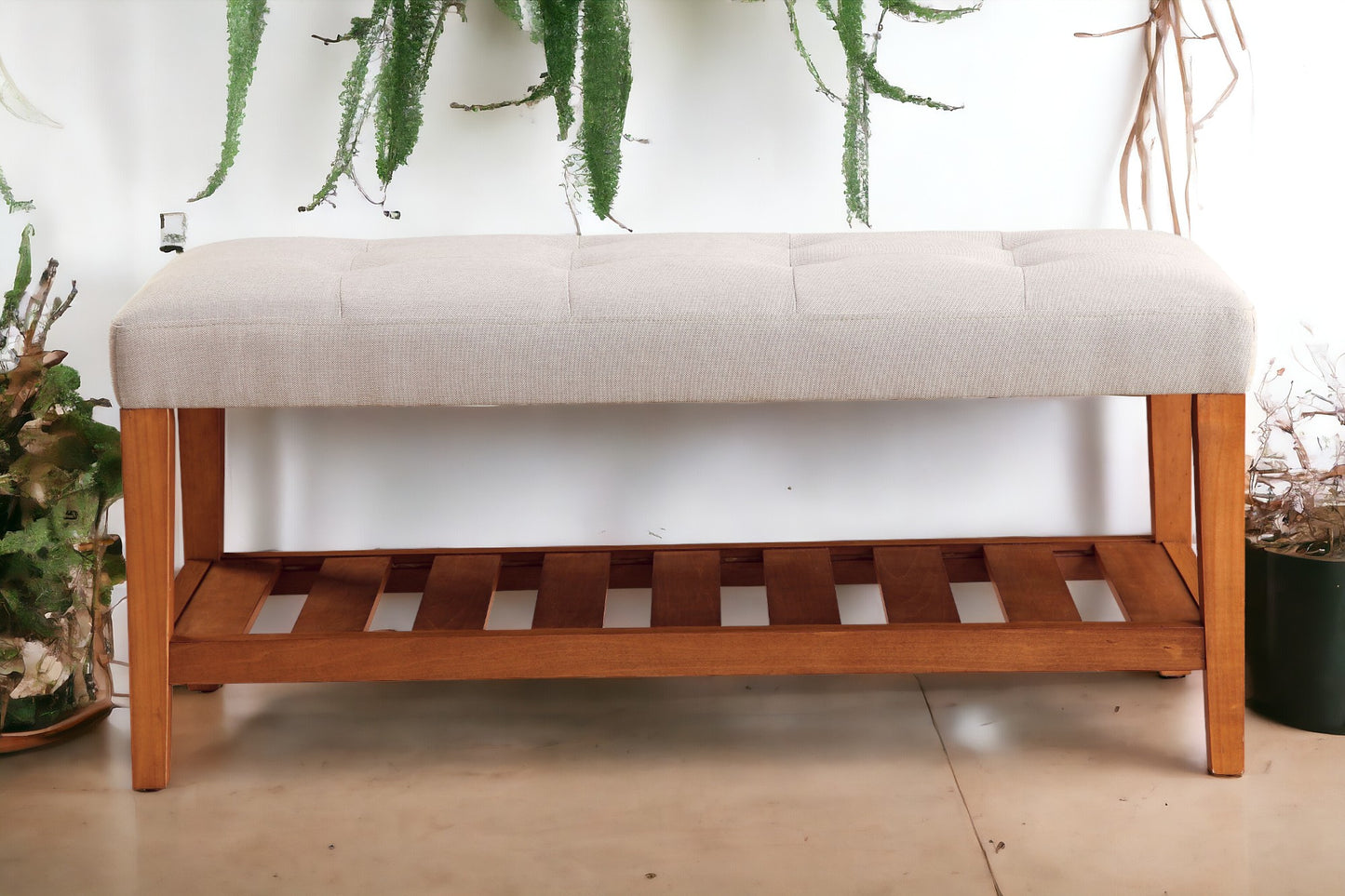 Light Gray Fabric Bench with Oak Finish - Charla