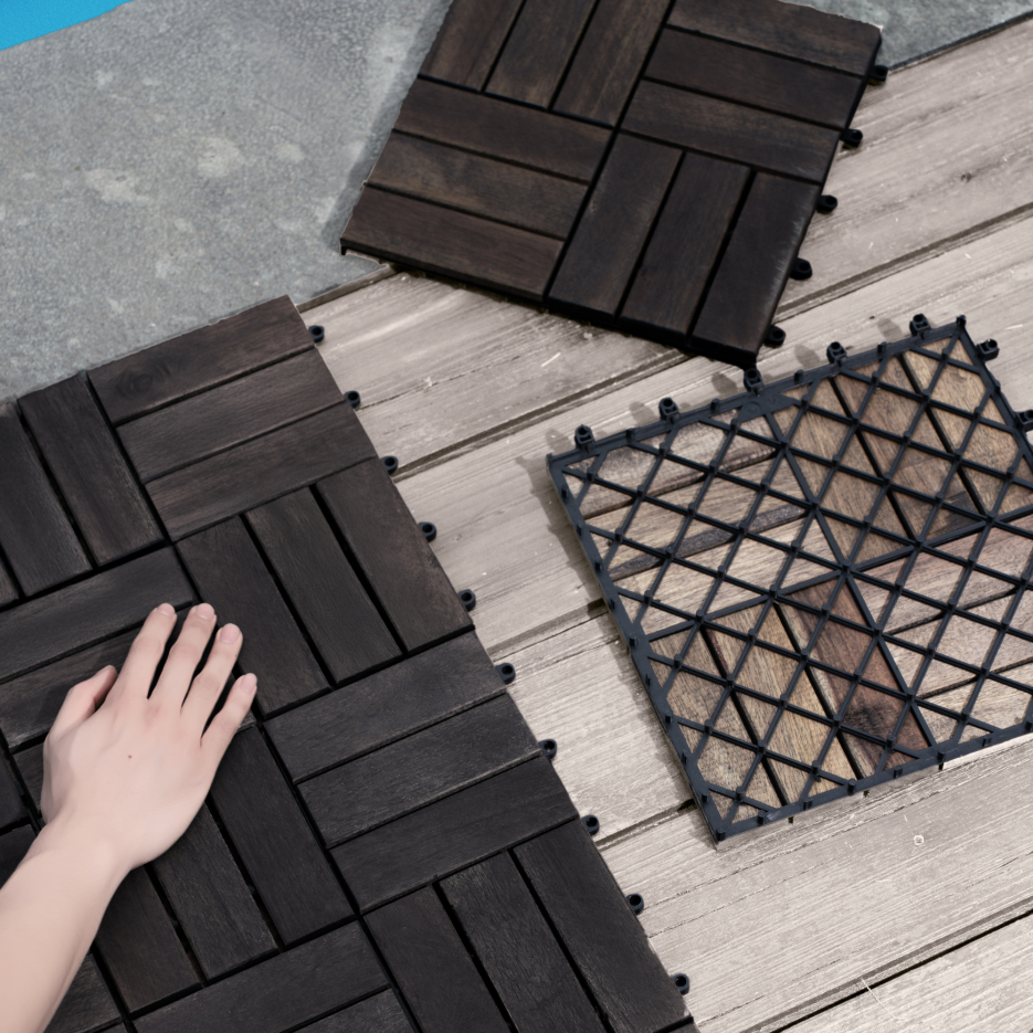 Outdoor Interlocking Deck Tiles - 10-Pack Acacia Wood Square Flooring for Patio & Poolside, Waterproof & Anti-Mildew, Dark Brown
