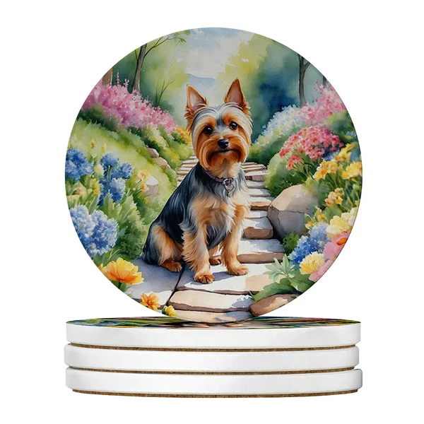 Large Sandstone Coasters Set of 4 - Absorbent Drink Mats with Cork Backing - Dog Breed Silky Terrier Artwork - Gift Ready