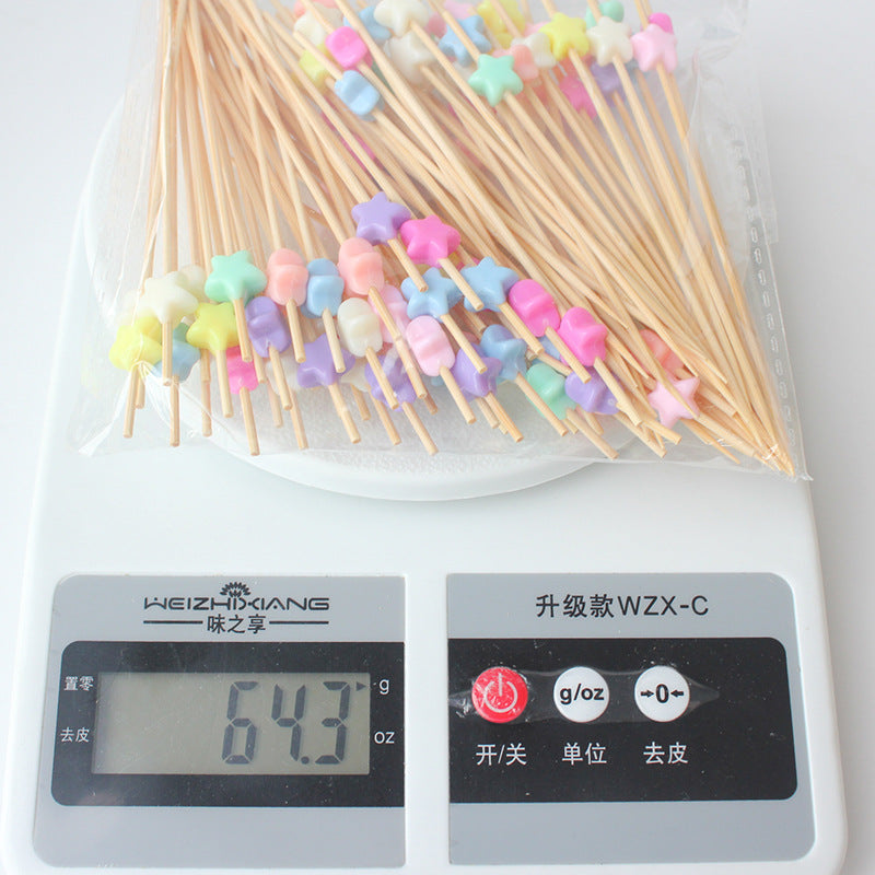 Set of 100 Bamboo Fruit Toothpicks with Colorful Star and Flower Designs, 12cm