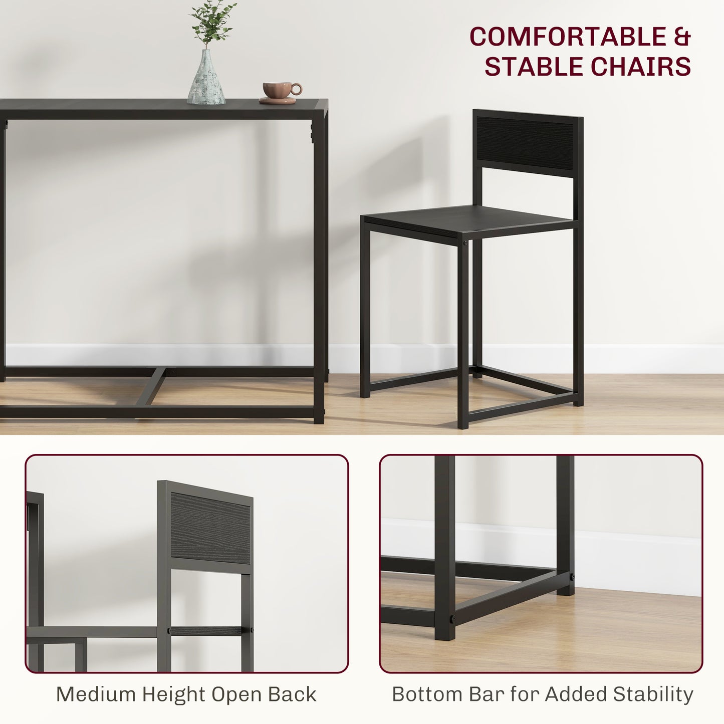 3-Piece Industrial Dining Room Set with Table & 2 Chairs - Black