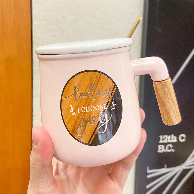 Retro Wooden Handle Ceramic Cup with Lid and Spoon - 400ML Drinkware
