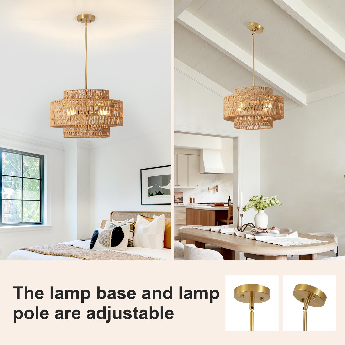 Boho Rattan Pendant Light Fixture - 17.7 Inch Farmhouse Chandelier, 4-Light