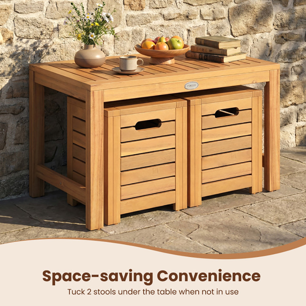 Acacia Wood Outdoor Coffee Table With Stools Set Of 2 3 Pieces Patio