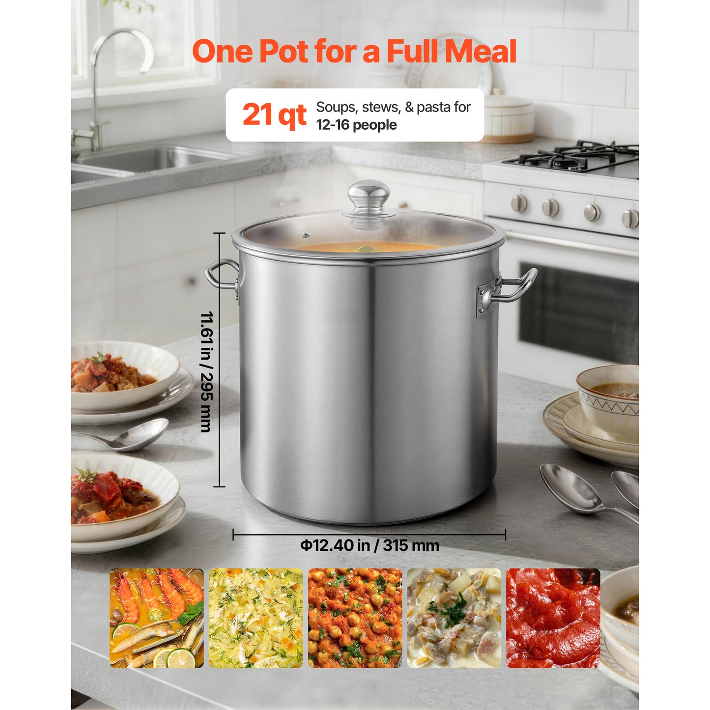 21-Quart Stainless Steel Stock Pot with Glass Lid for Soups, Stews & Pasta