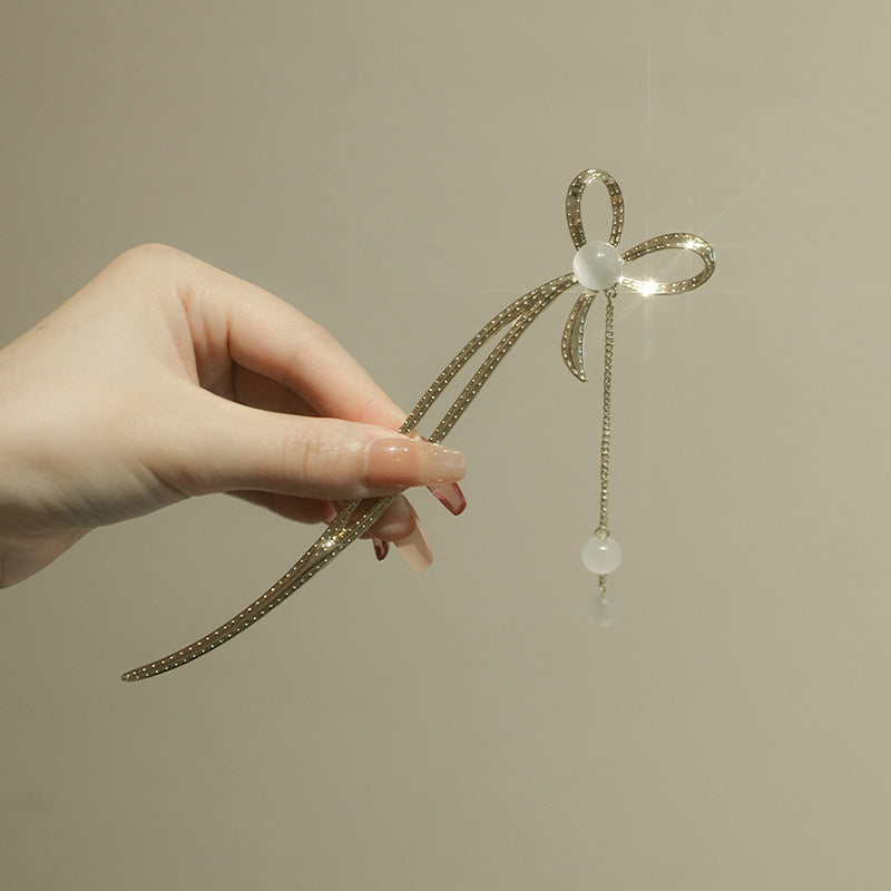 Elegant Bow Hairpin with Crystal Accent - Modern Hair Accessory
