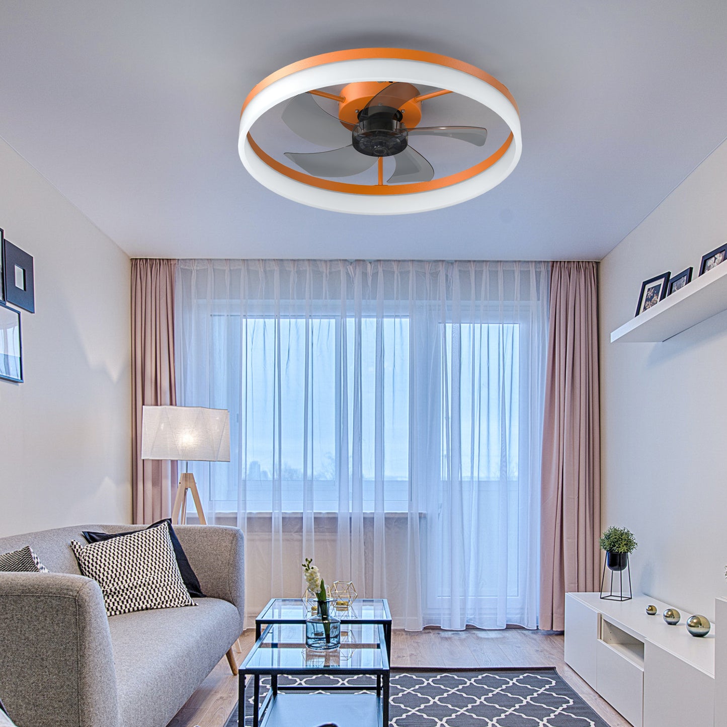 Dimmable LED Ceiling Fan with Lights - Thin Modern Design, Orange