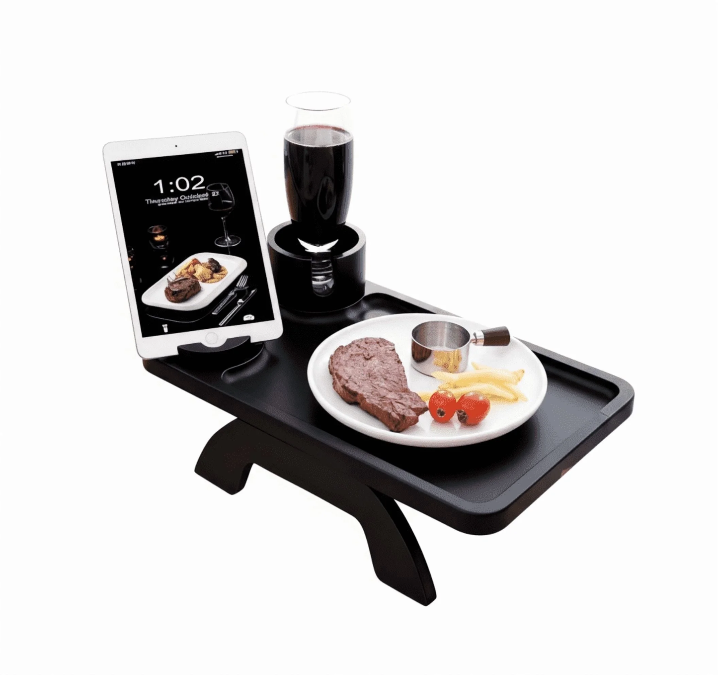 Clip-On Sofa Armrest Tray with Rotating Cup Holder & Phone Stand - Black