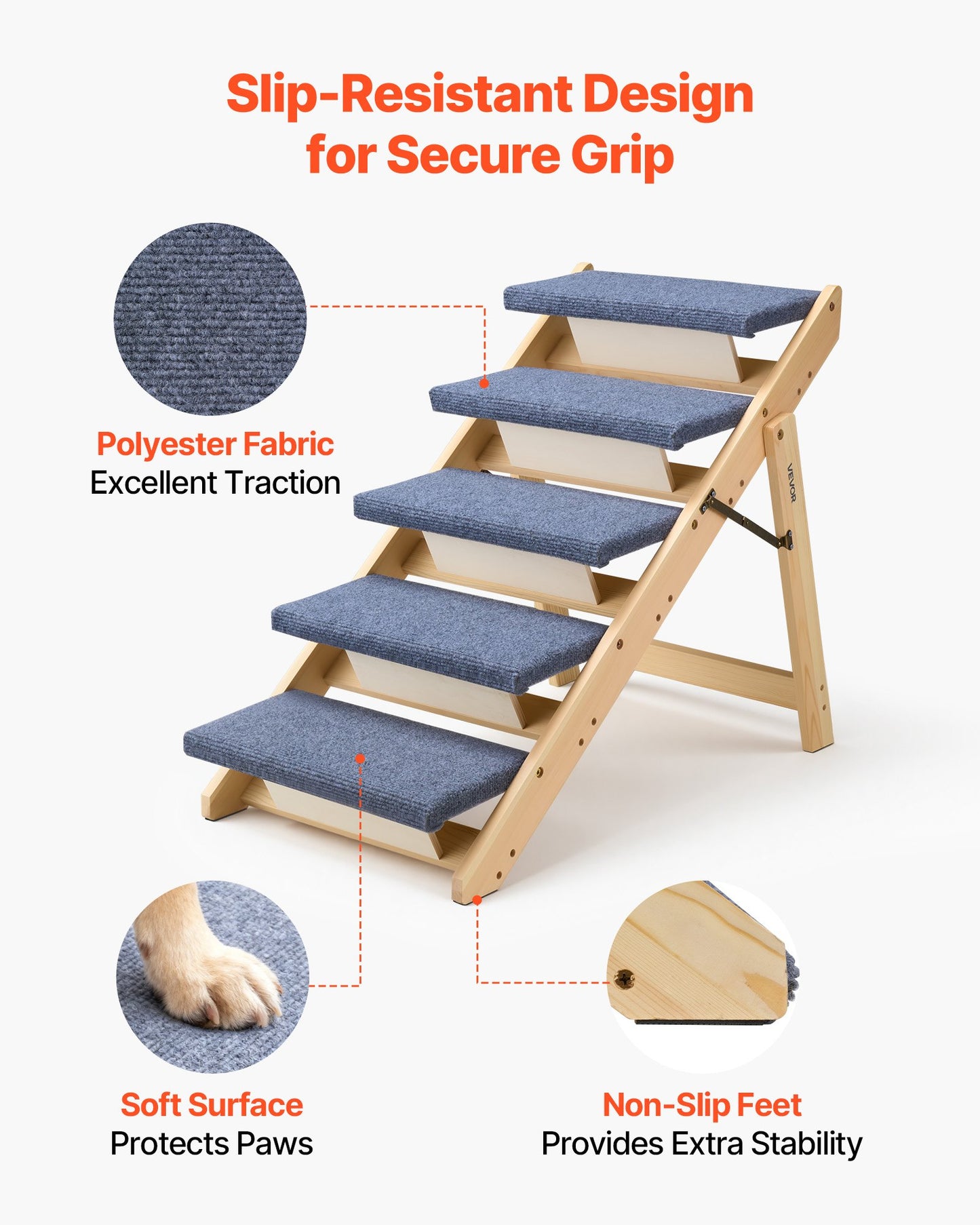 Wood Pet Stairs for Dogs & Cats - 5-Step Foldable Support Ladder, Black